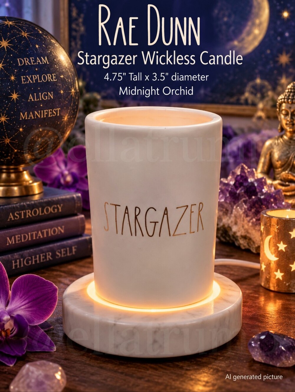 Rae Dunn Stargazer Wickless Candle 4.75" Tall x 3.5 diameter Midnight Orchid